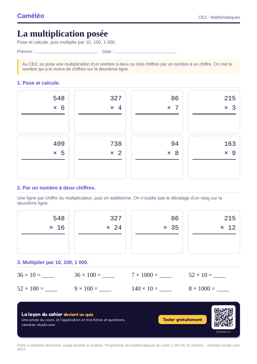 Exercices à imprimer : La multiplication posée, CE2