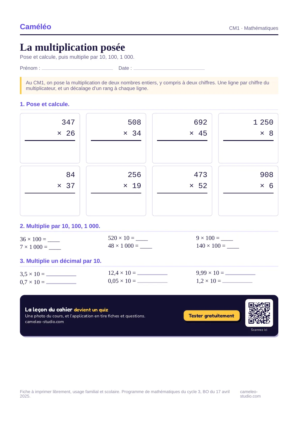Exercices à imprimer : La multiplication posée, CM1
