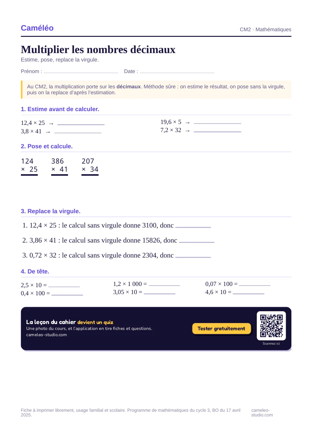 Exercices à imprimer : Multiplier les nombres décimaux, CM2