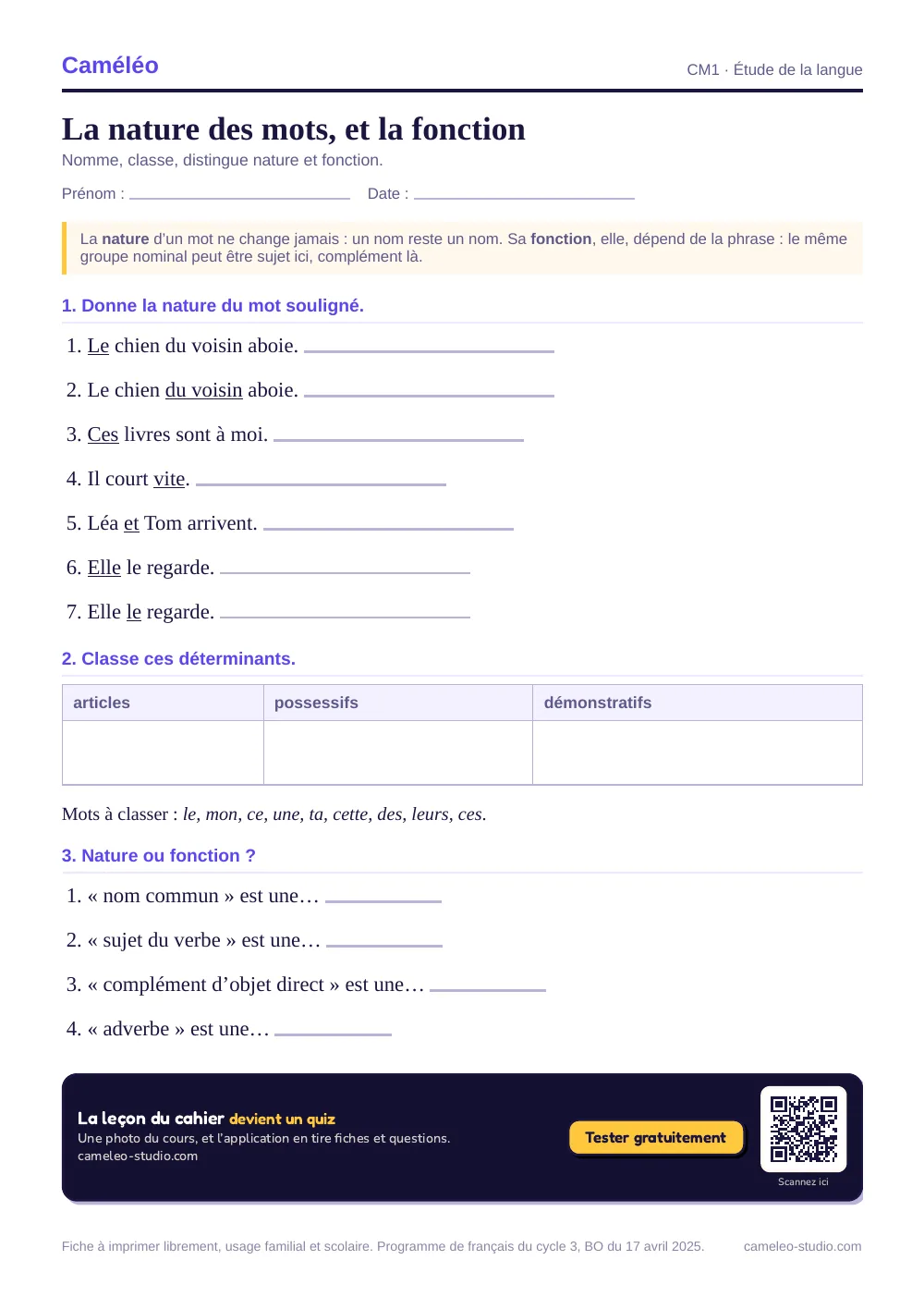 Exercices à imprimer : La nature des mots, et la fonction, CM1