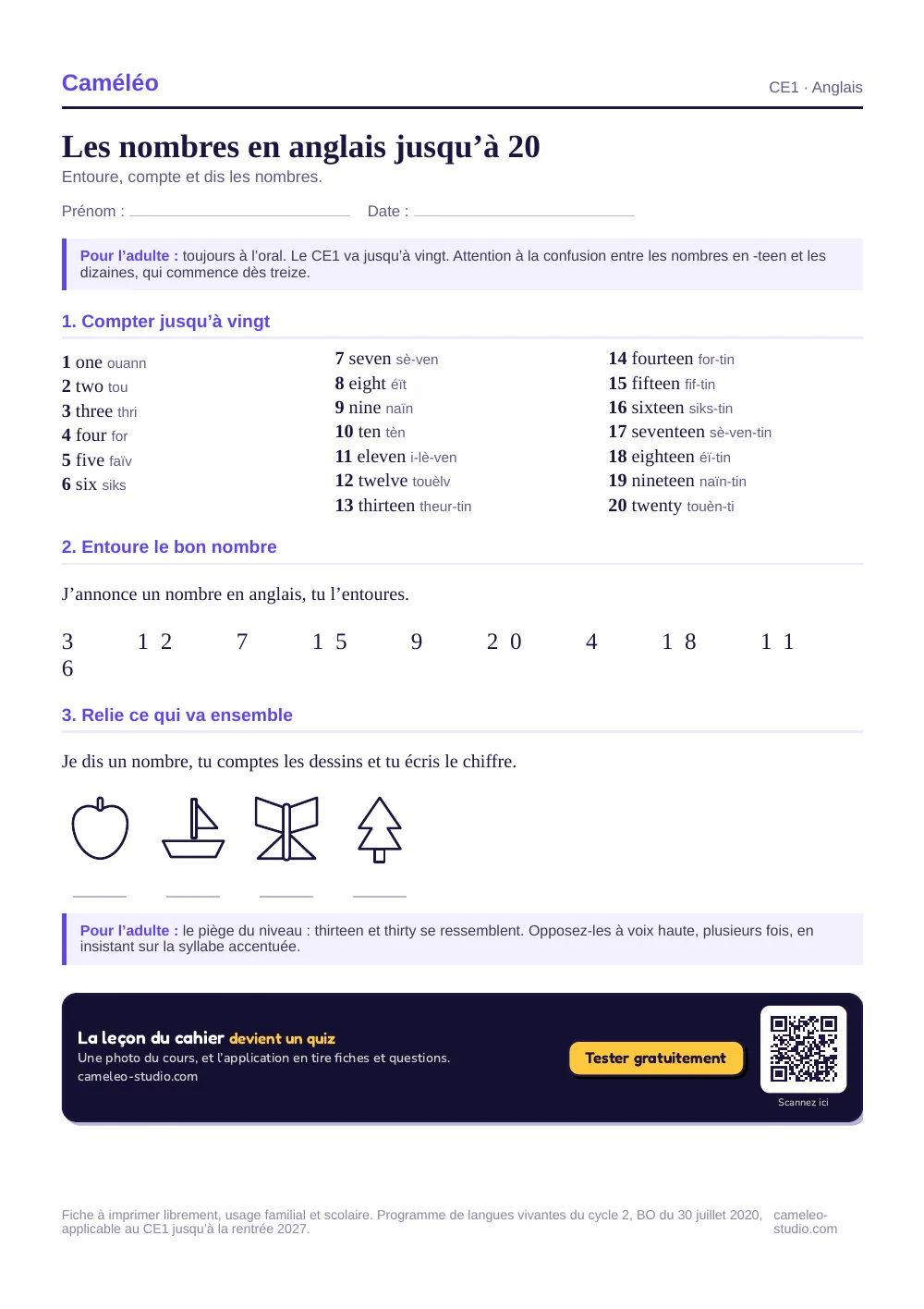 Exercices à imprimer : Les nombres en anglais au CE1