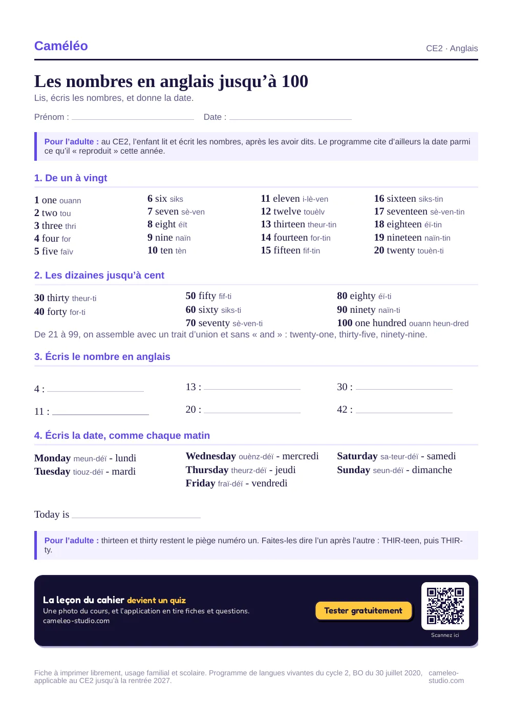 Exercices à imprimer : Les nombres en anglais au CE2