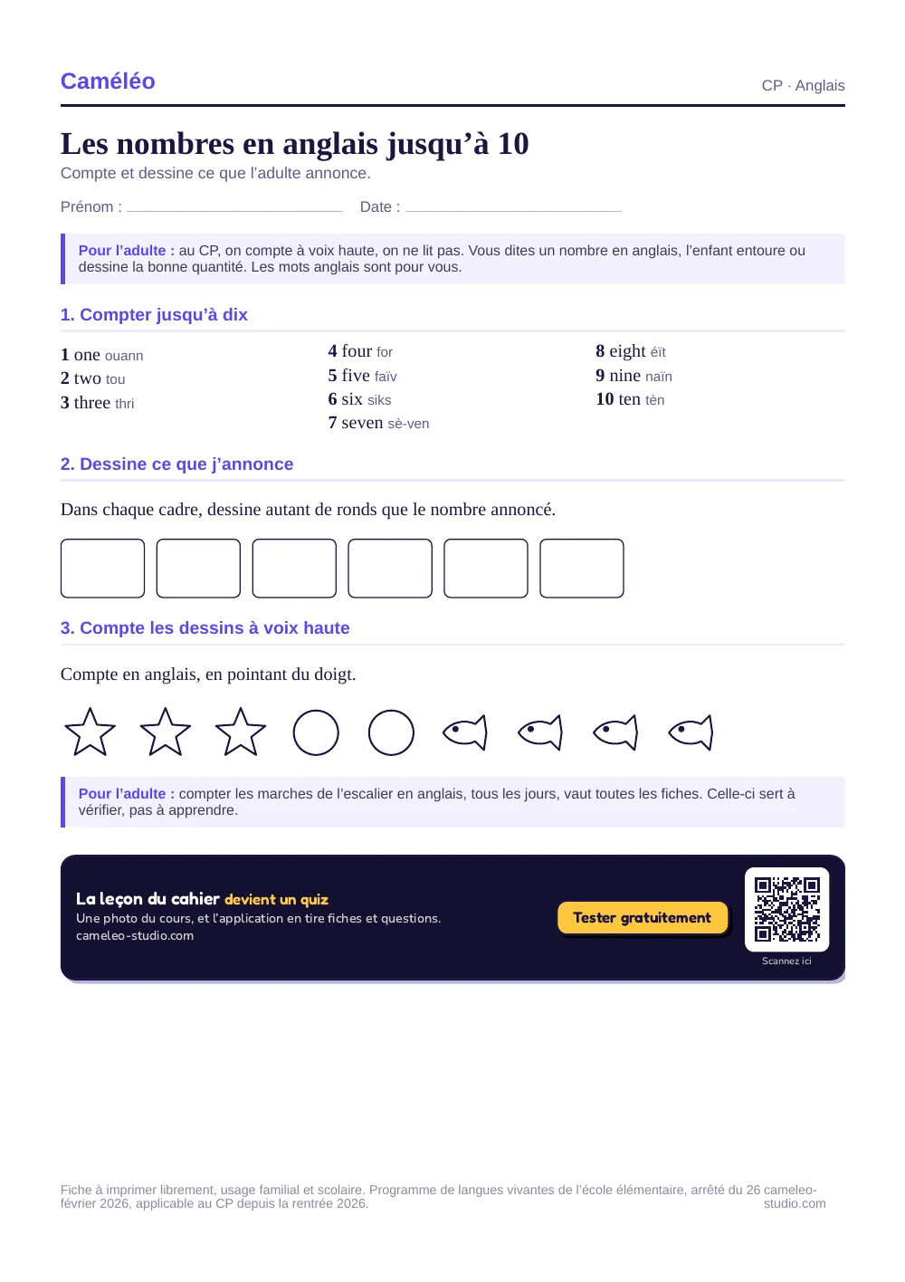 Exercices à imprimer : Les nombres en anglais au CP