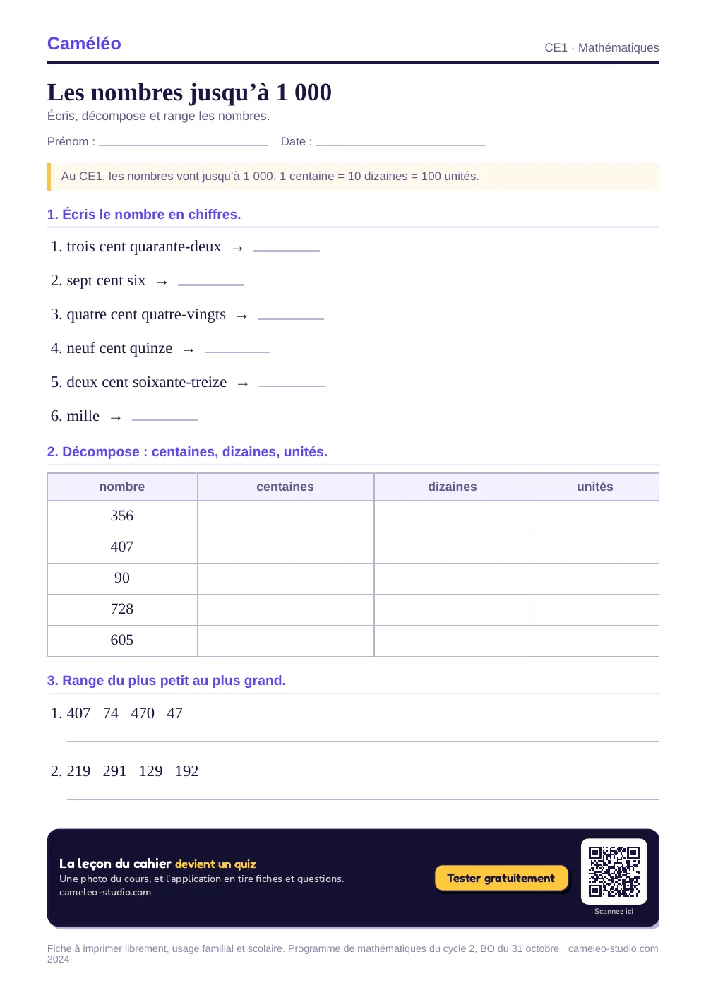 Exercices à imprimer : Les nombres jusqu’à 1 000, CE1