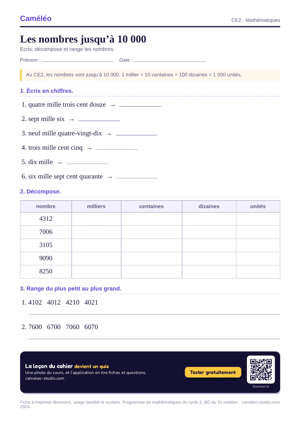 Exercices à imprimer : Les nombres jusqu’à 10 000, CE2