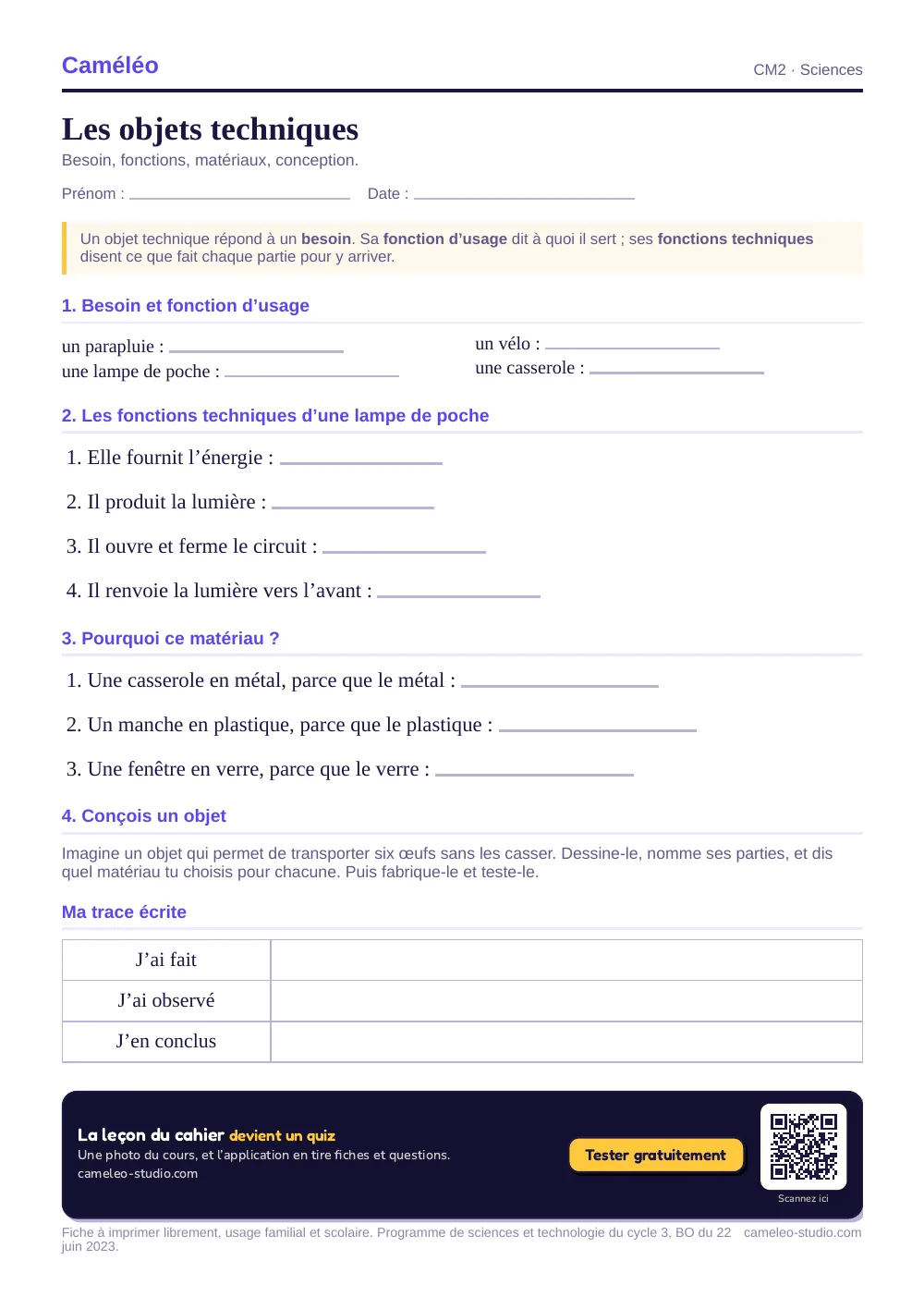 Exercices à imprimer : Les objets techniques au CM2