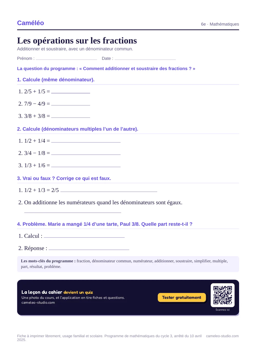 Exercices à imprimer : Les opérations sur les fractions, 6e