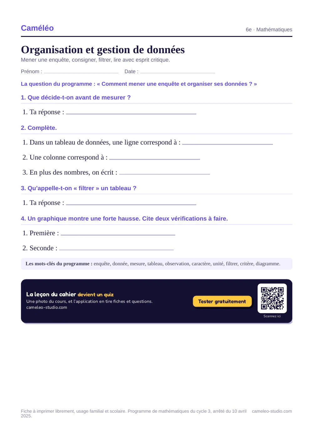 Exercices à imprimer : Organisation et gestion de données, 6e