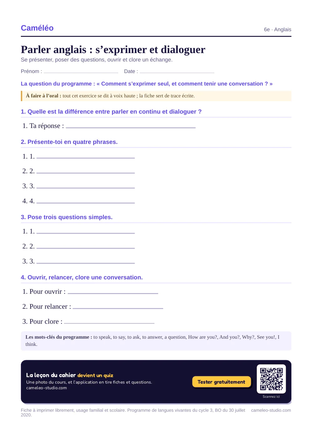 Exercices à imprimer : Parler anglais : s’exprimer et dialoguer, 6e