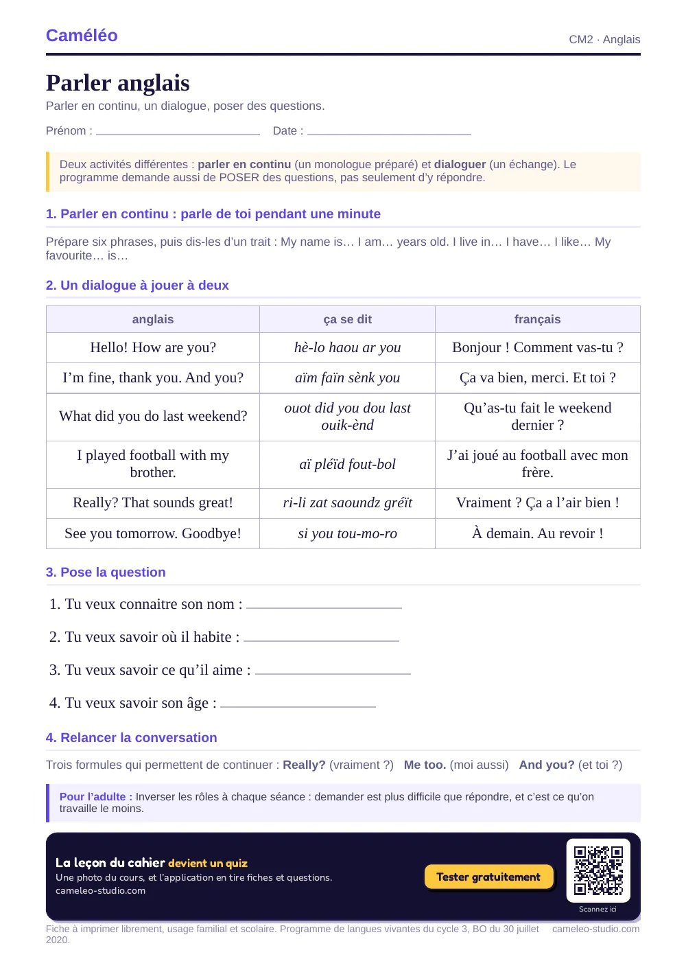 Exercices à imprimer : Parler anglais au CM2