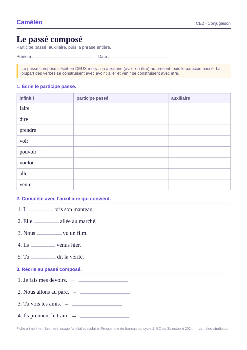 Exercices à imprimer : Le passé composé, CE2