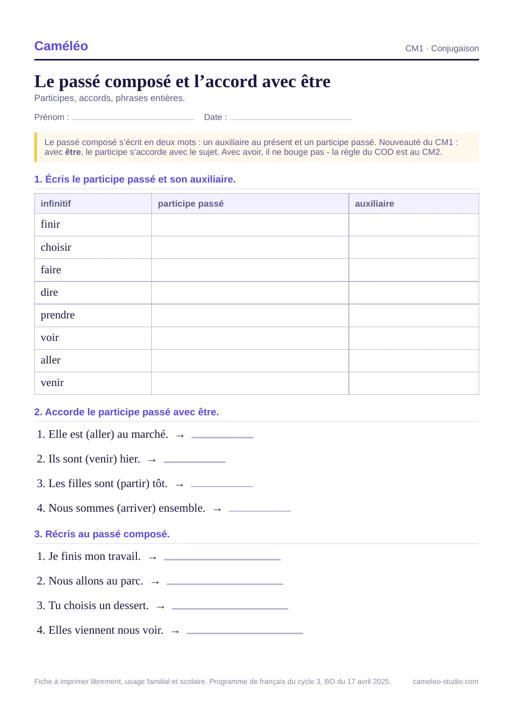 Exercices à imprimer : Le passé composé et l’accord avec être, CM1