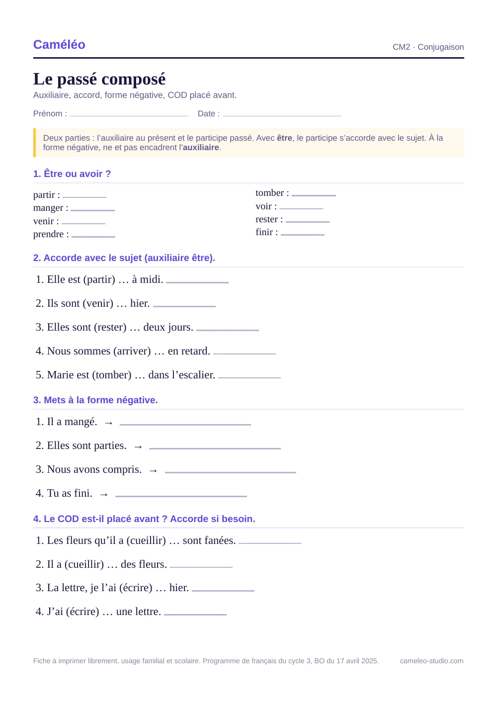 Exercices à imprimer : Le passé composé au CM2