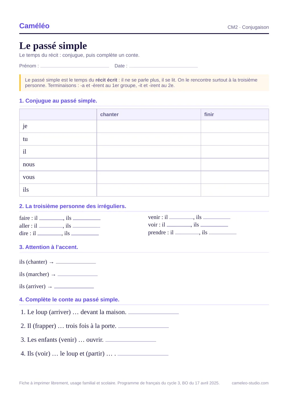 Exercices à imprimer : Le passé simple au CM2