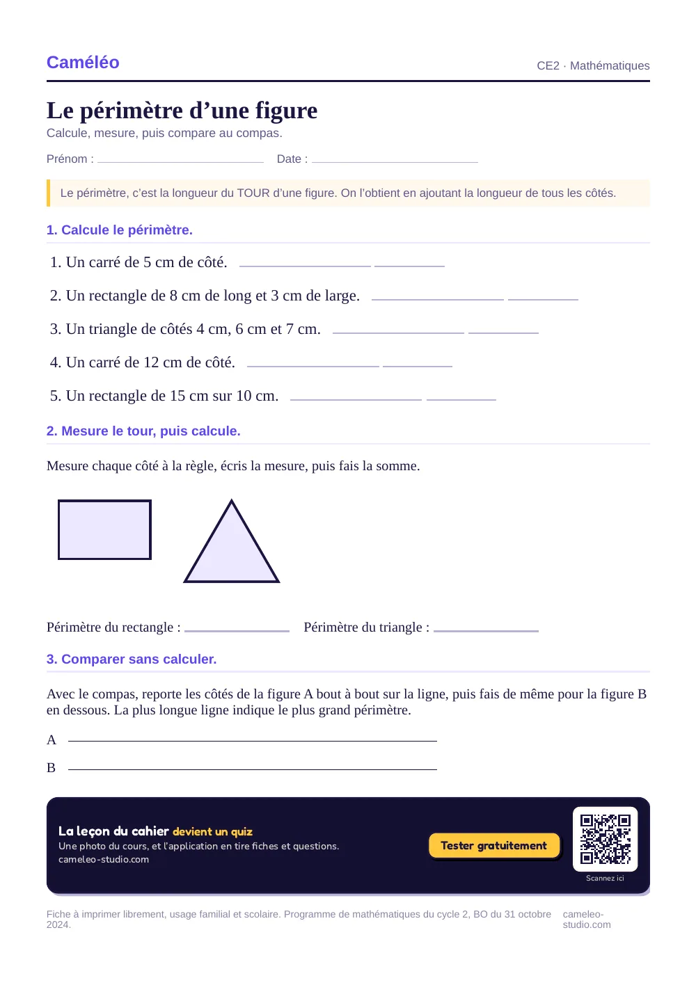 Exercices à imprimer : Le périmètre d’une figure, CE2