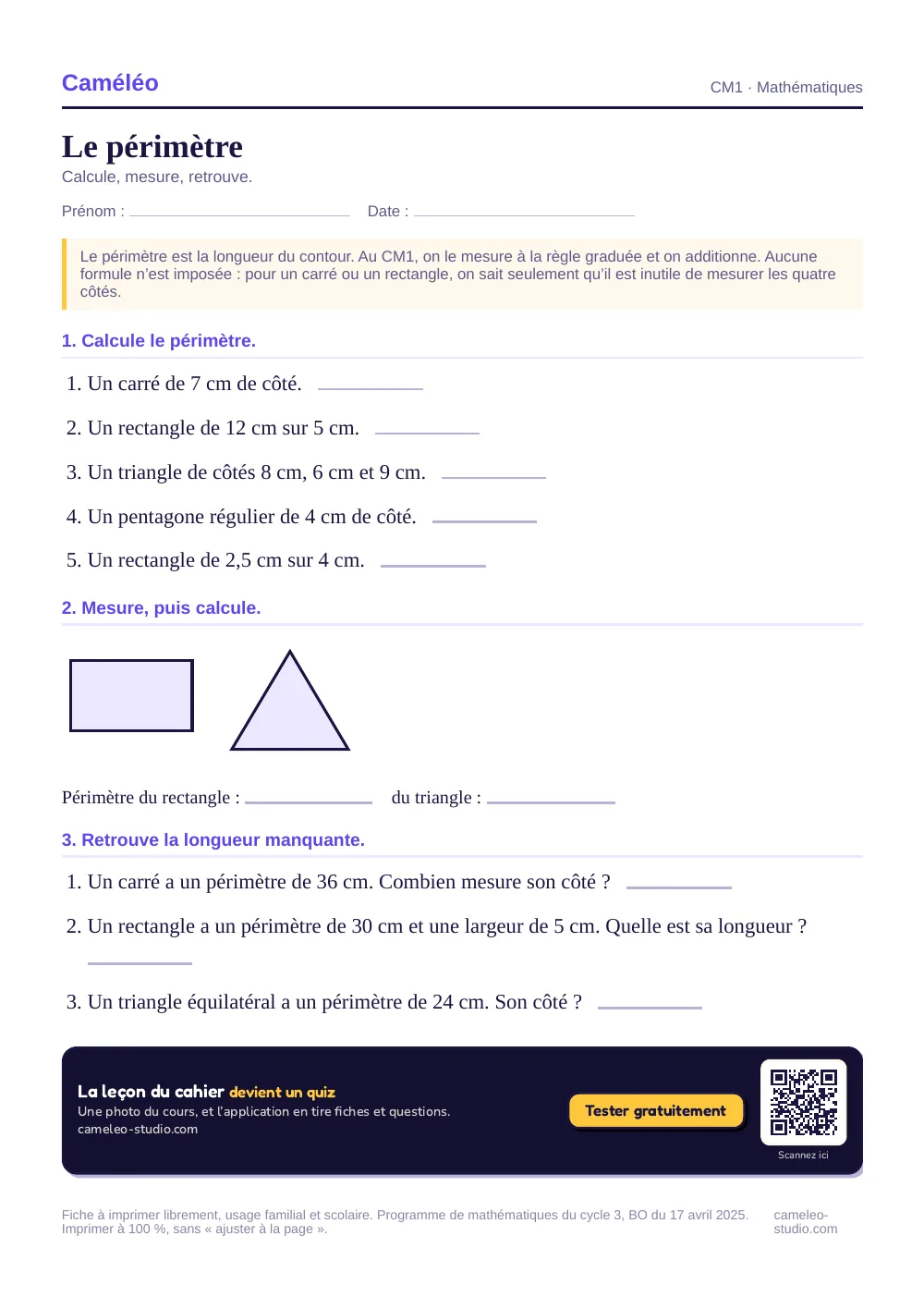 Exercices à imprimer : Le périmètre, CM1