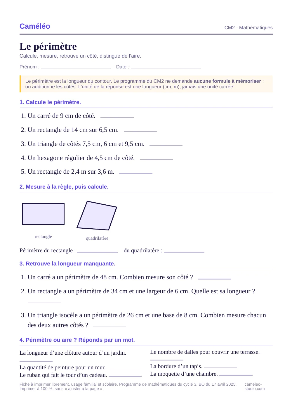 Exercices à imprimer : Le périmètre au CM2