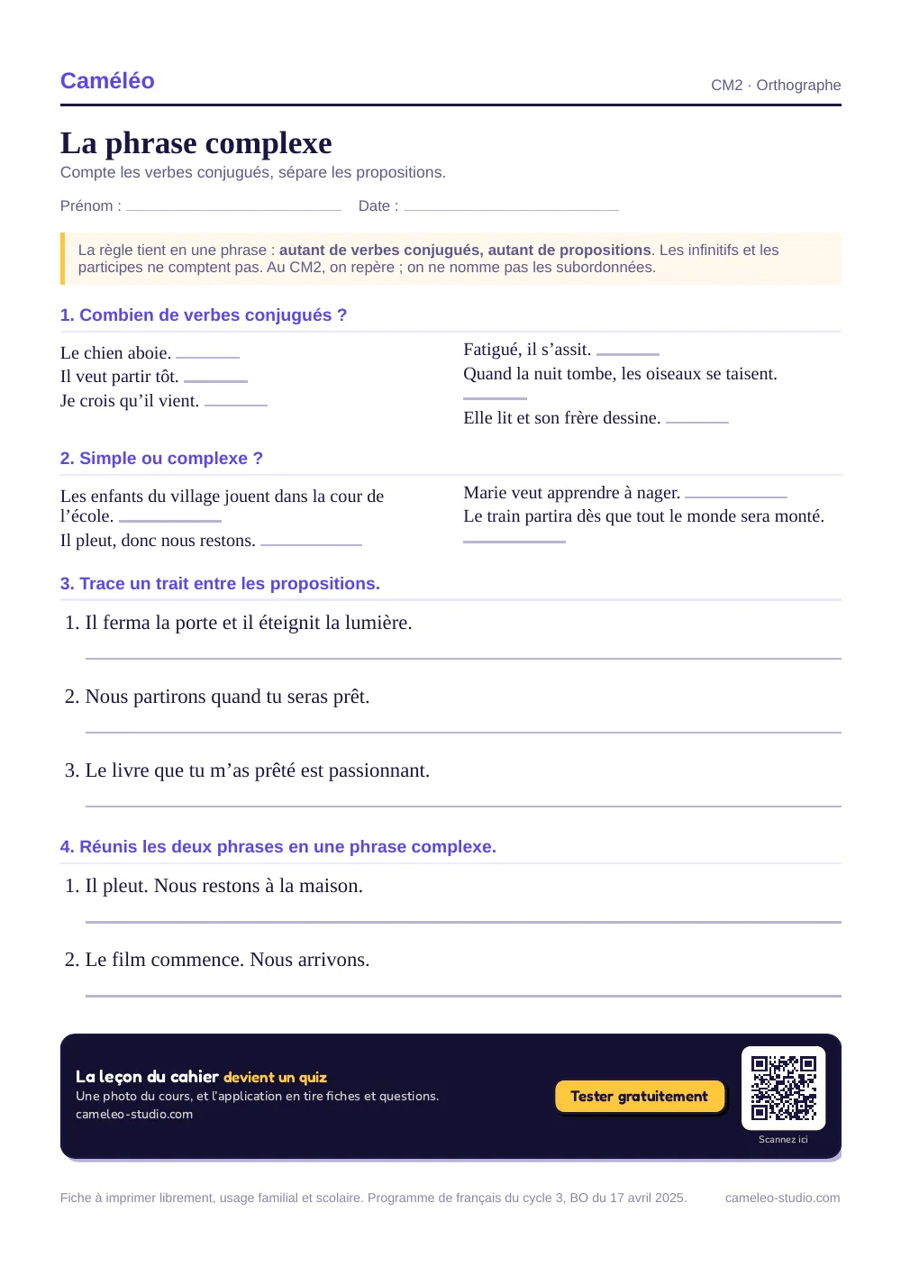 Exercices à imprimer : La phrase complexe au CM2