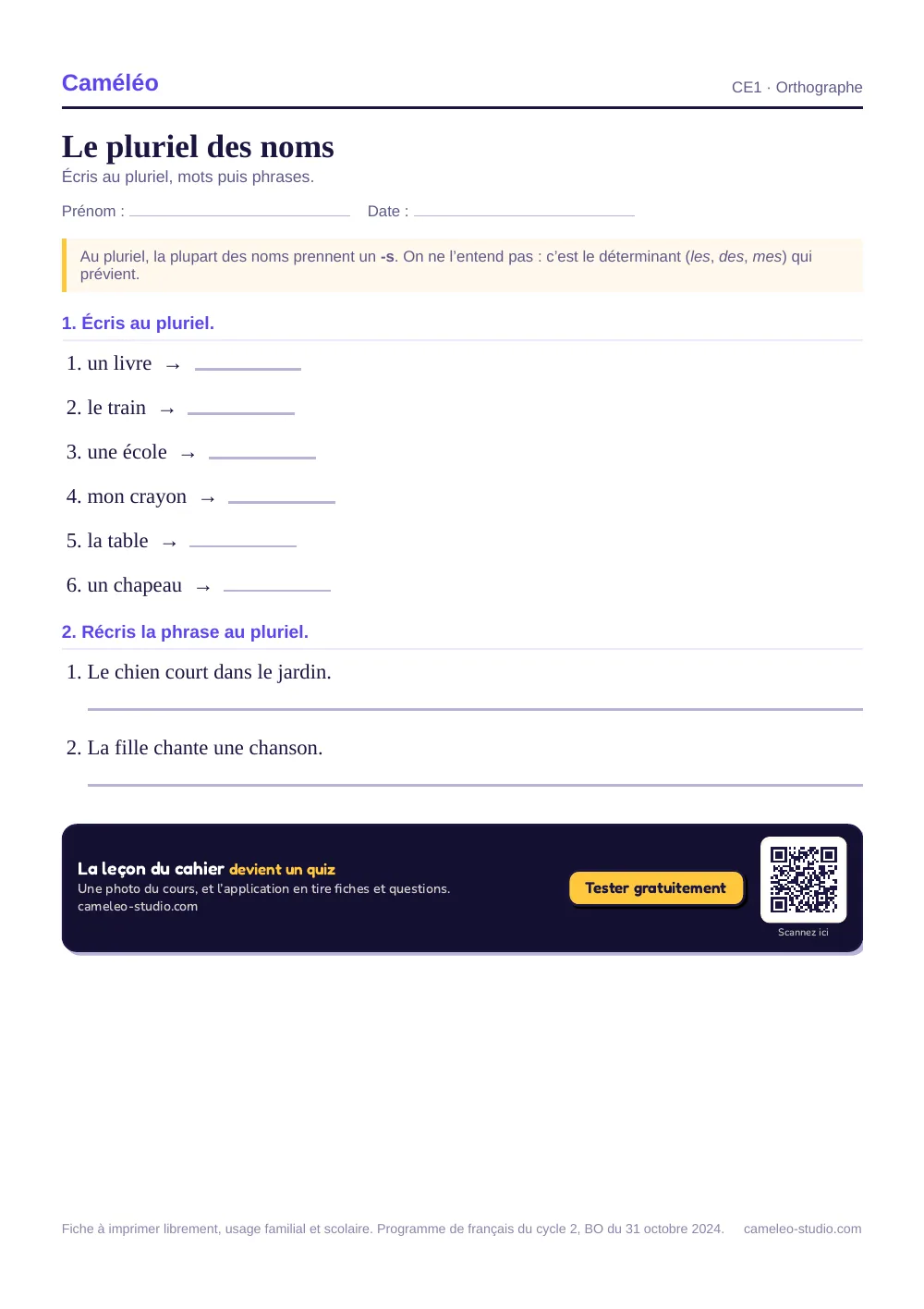 Exercices à imprimer : Le pluriel des noms au CE1