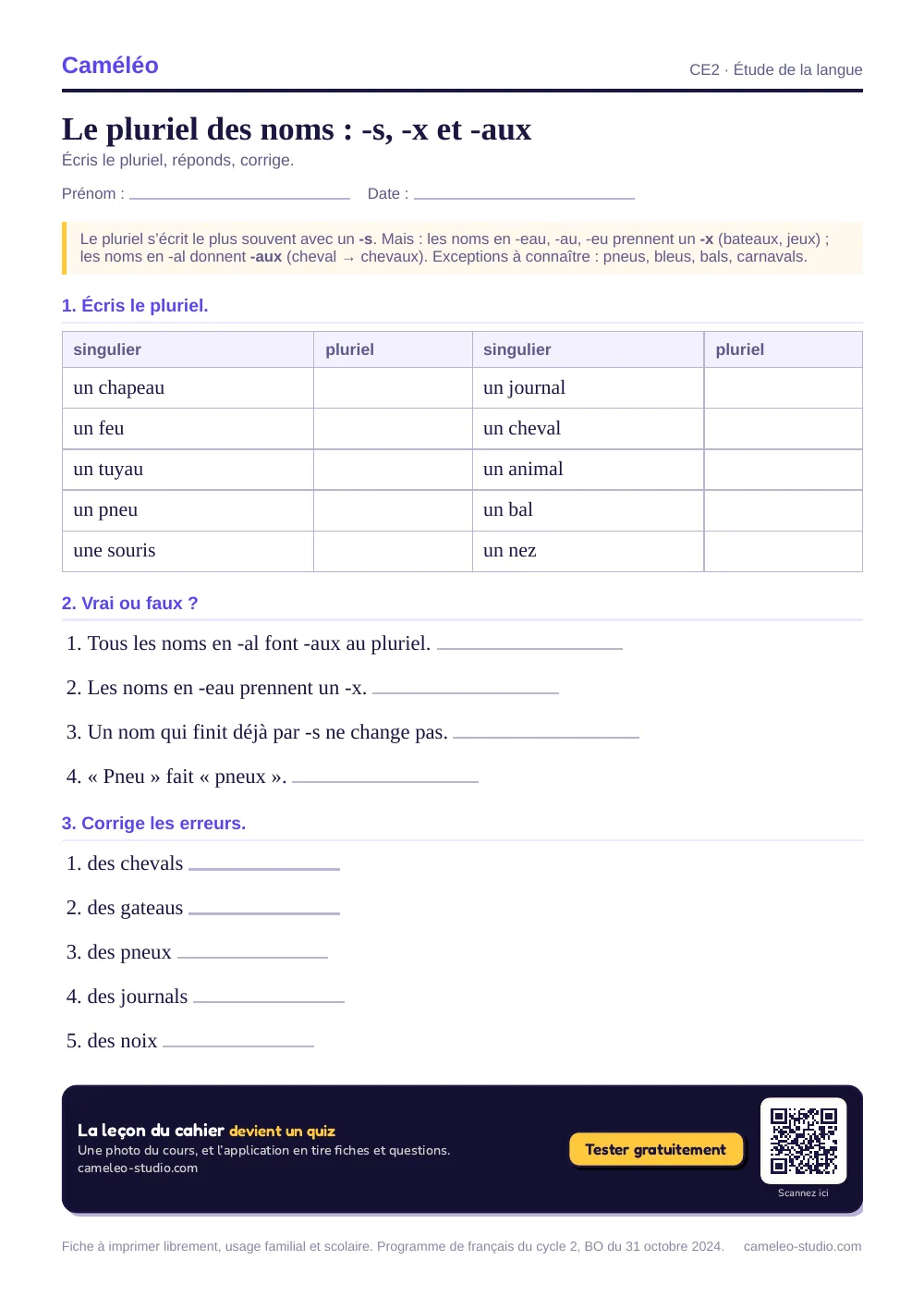 Exercices à imprimer : Le pluriel des noms : -s, -x et -aux, CE2