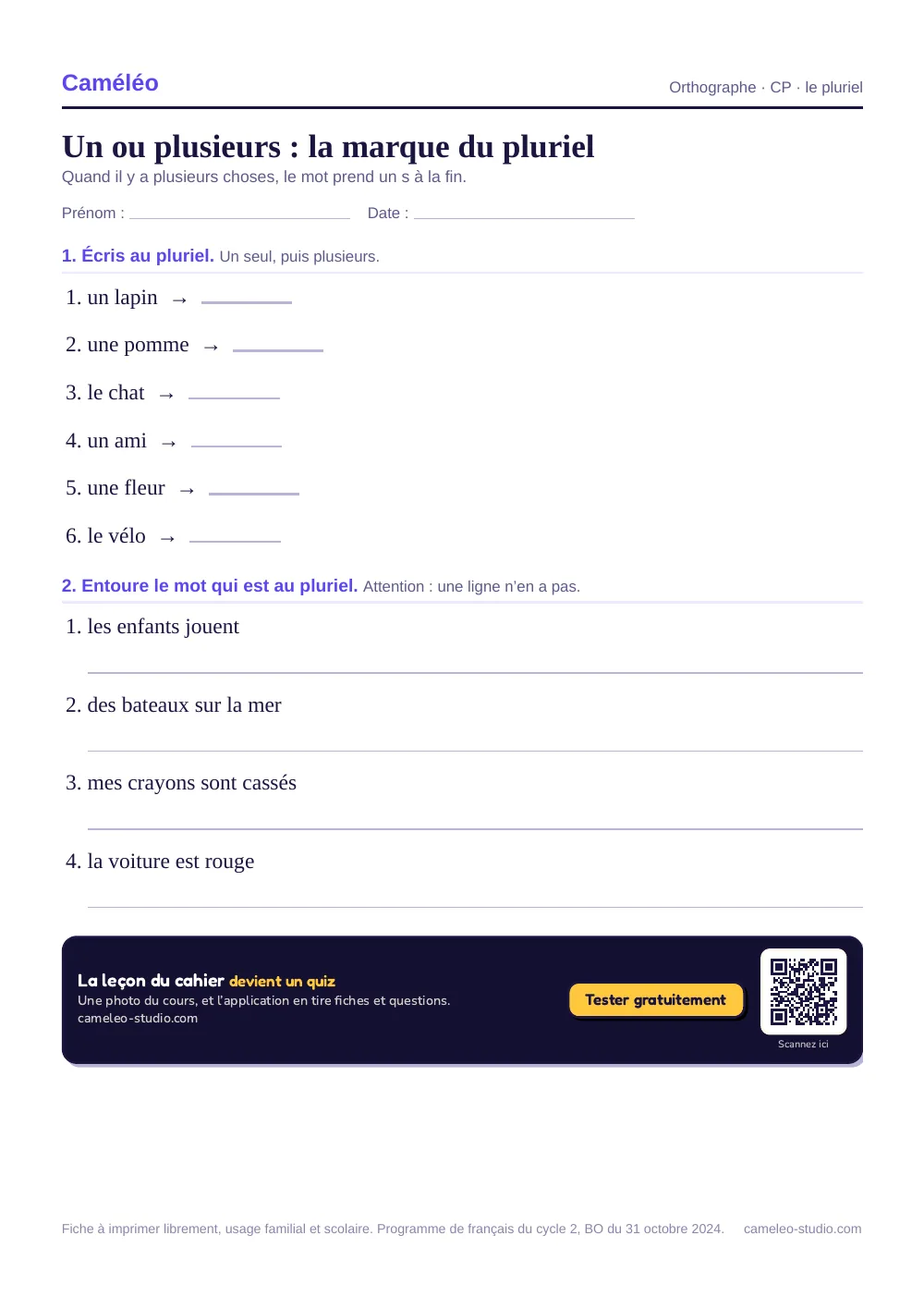Exercices à imprimer : Un ou plusieurs : la marque du pluriel, CP