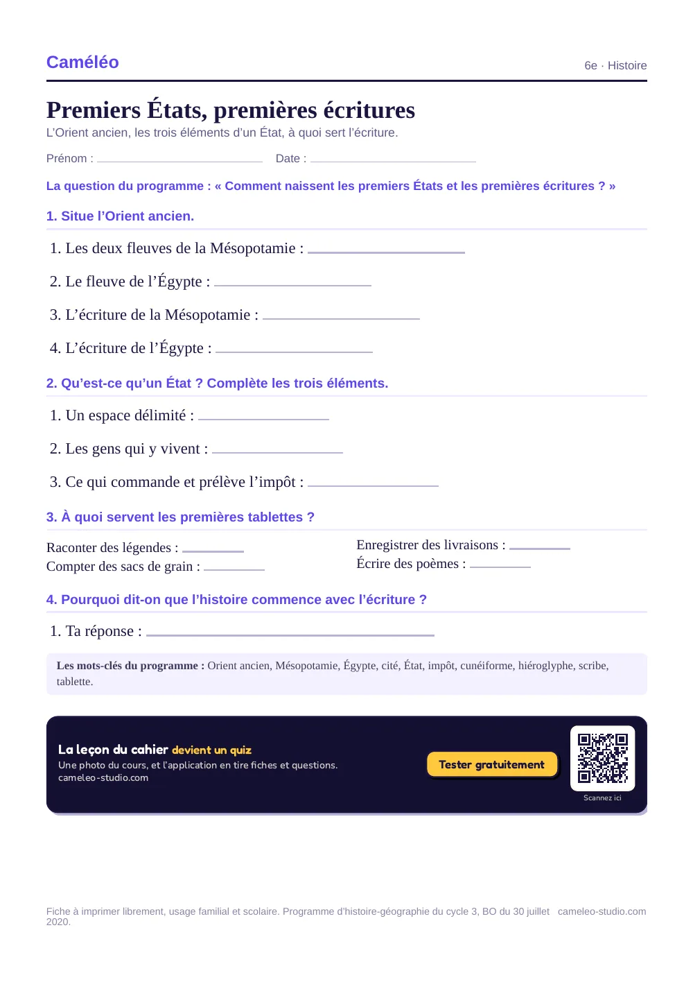 Exercices à imprimer : Premiers États, premières écritures, 6e
