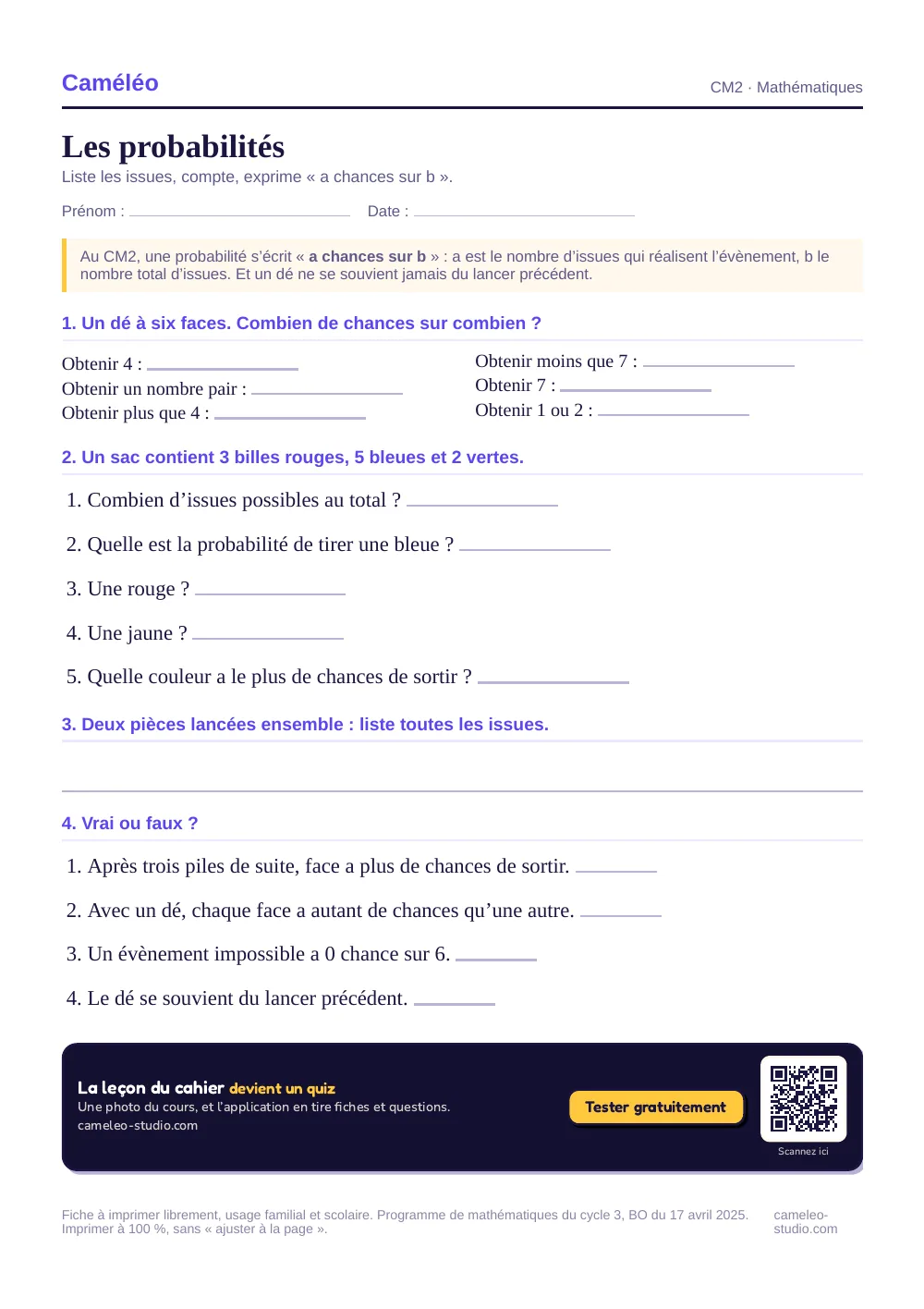 Exercices à imprimer : Les probabilités au CM2