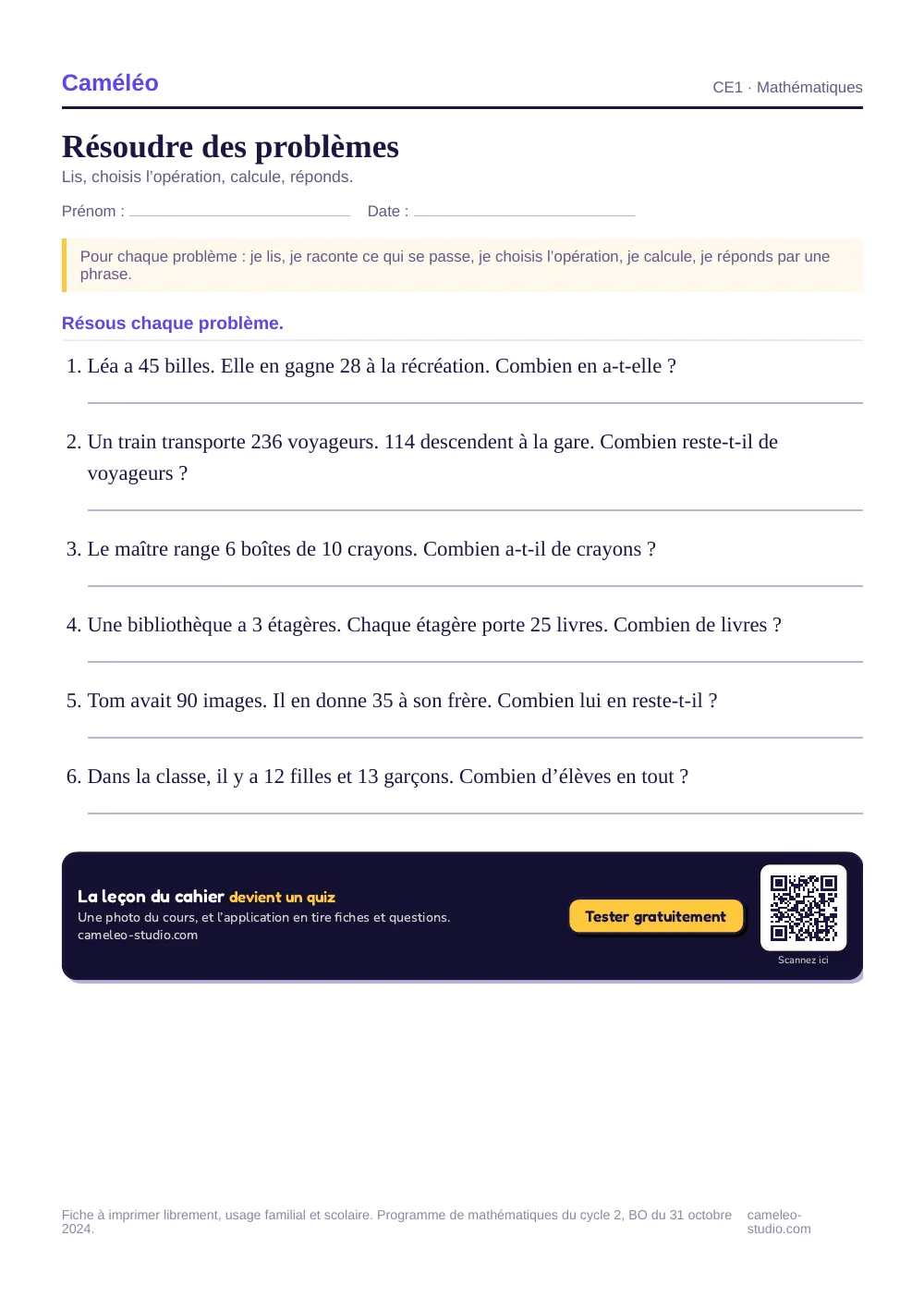 Exercices à imprimer : Résoudre des problèmes au CE1