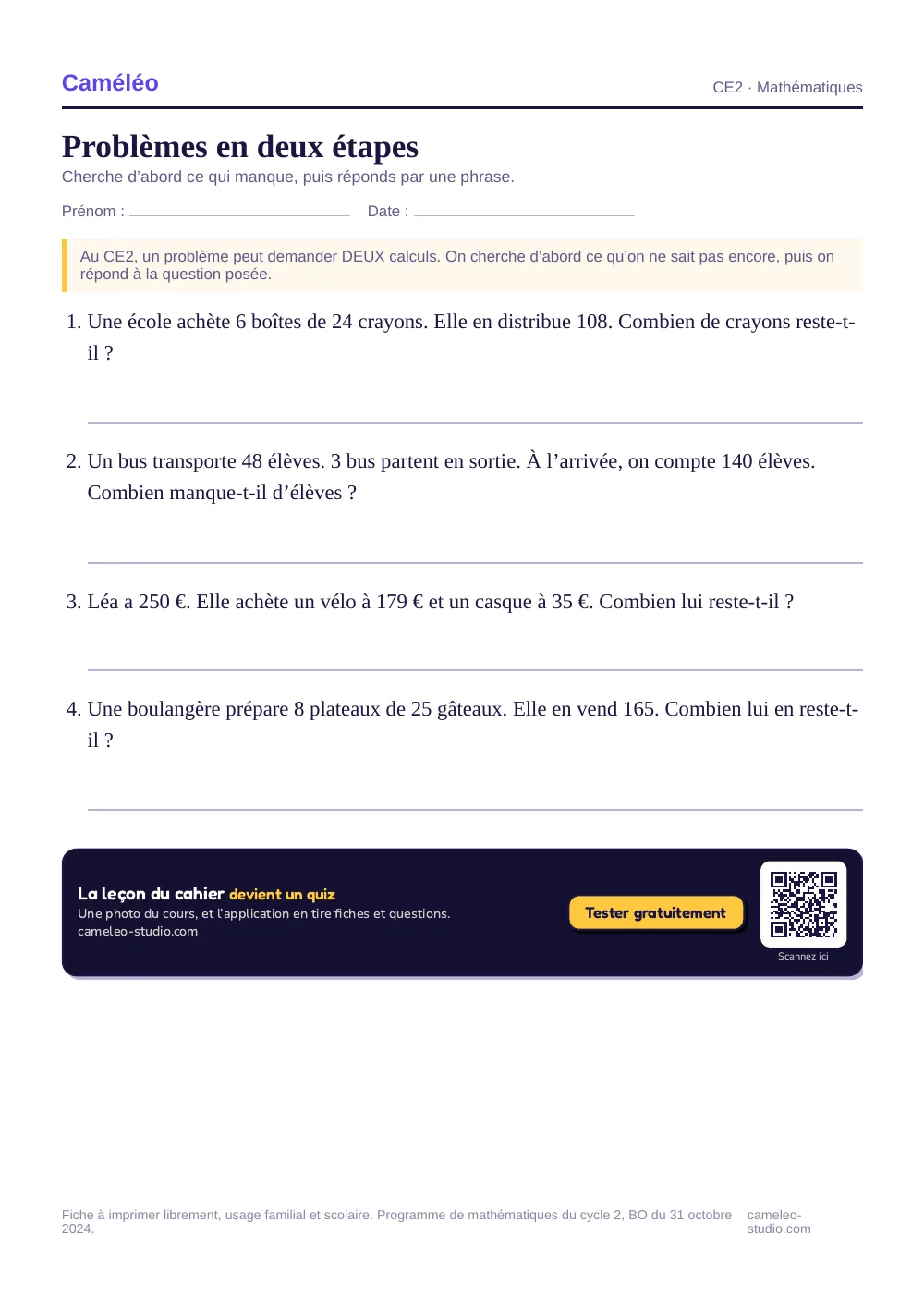 Exercices à imprimer : Problèmes en deux étapes, CE2