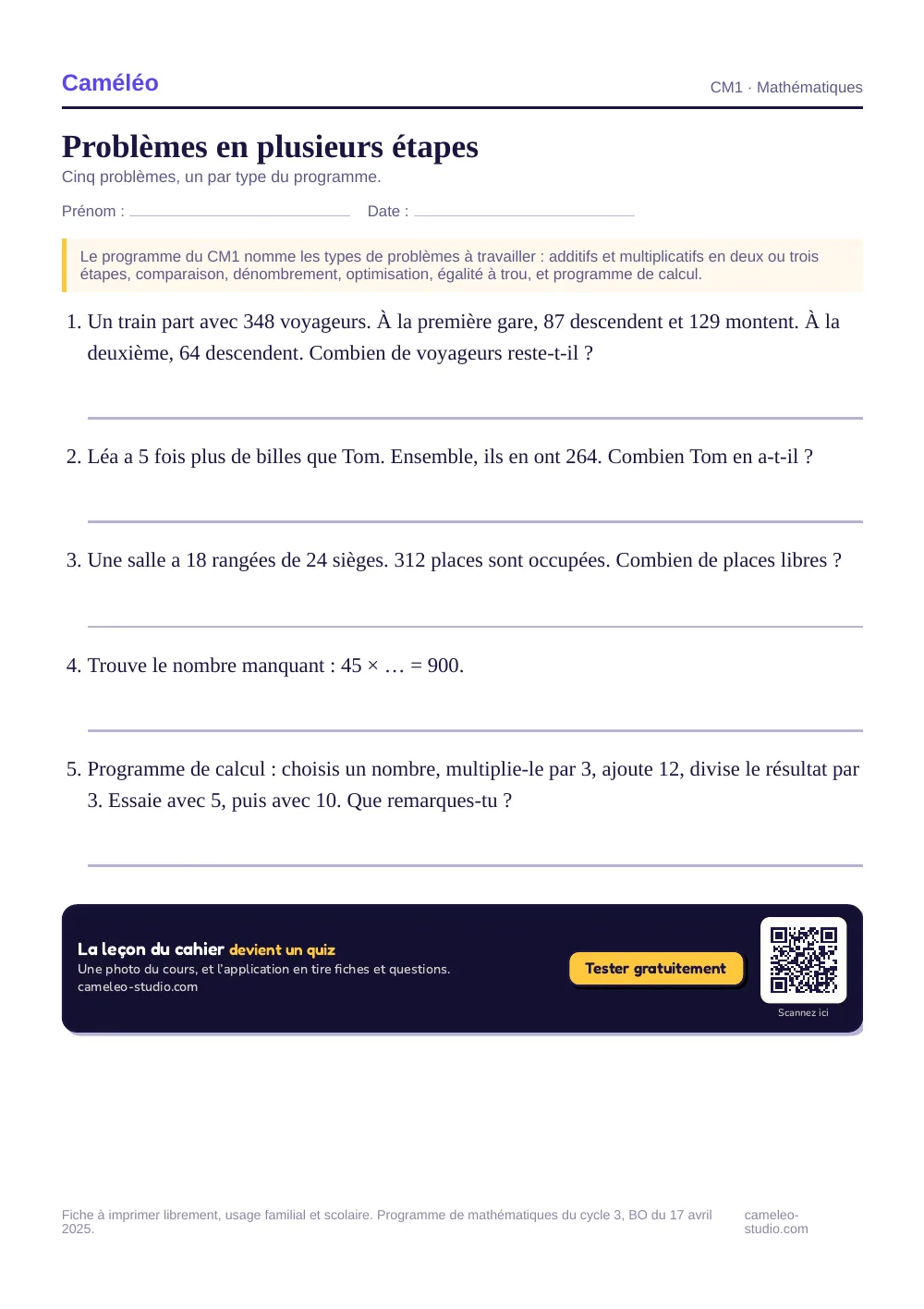 Exercices à imprimer : Problèmes en plusieurs étapes, CM1