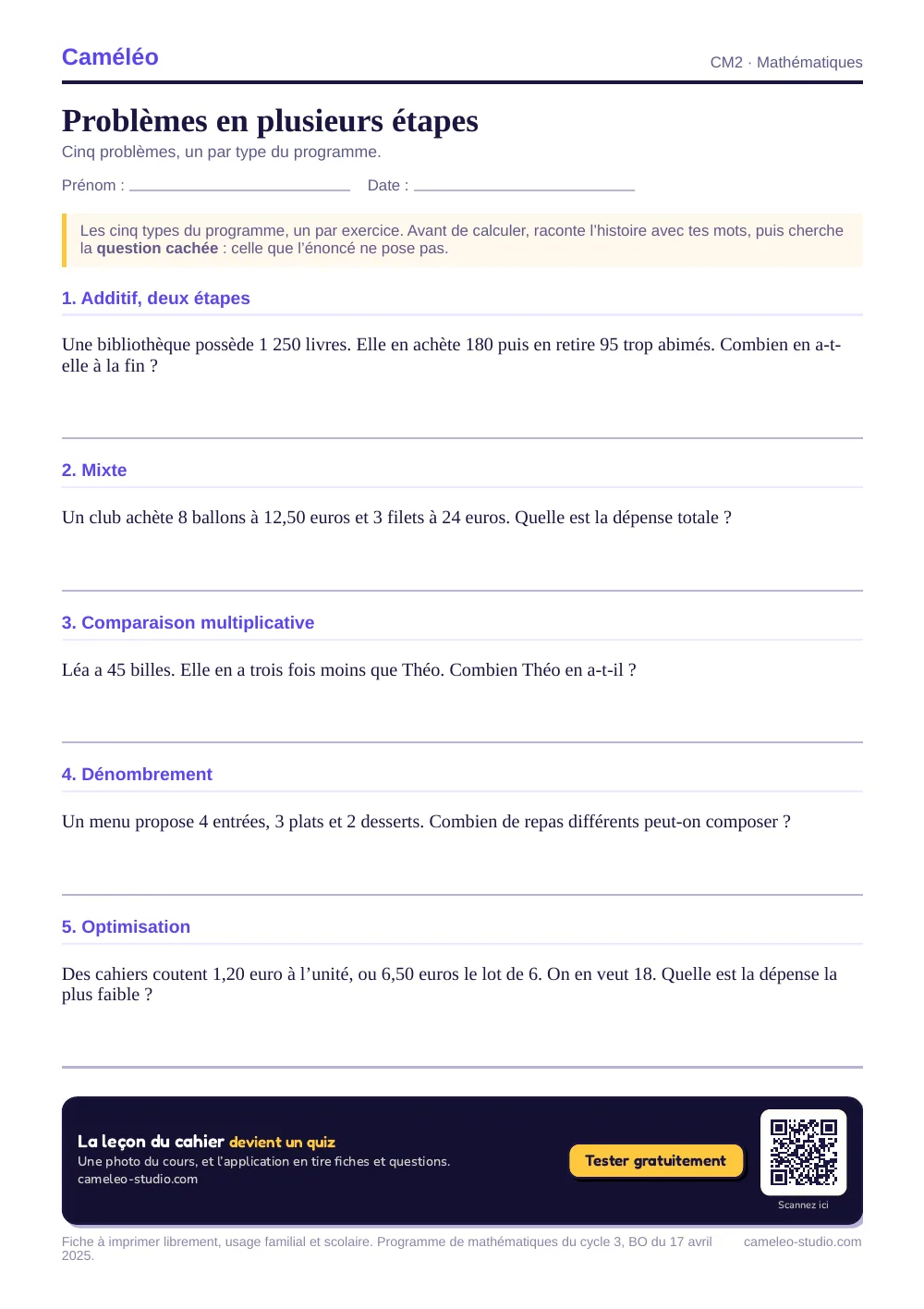 Exercices à imprimer : Problèmes CM2