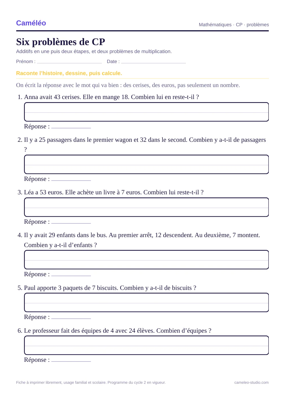 Exercices à imprimer : Six problèmes de CP