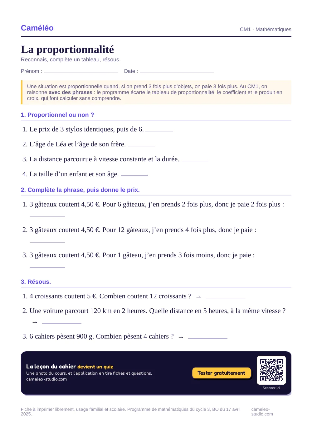 Exercices à imprimer : La proportionnalité, CM1