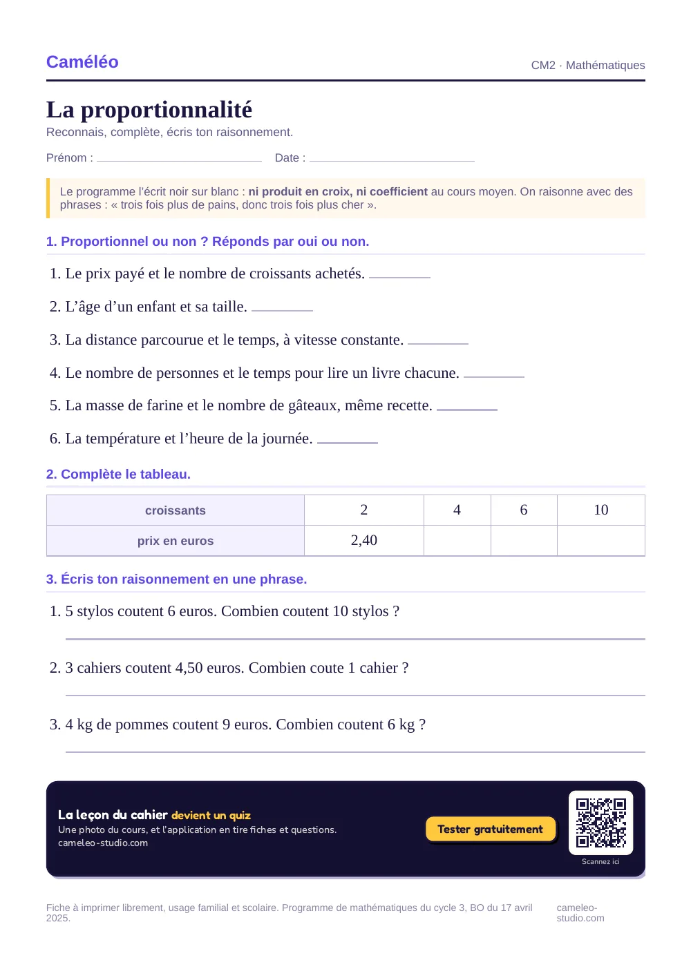 Exercices à imprimer : La proportionnalité au CM2