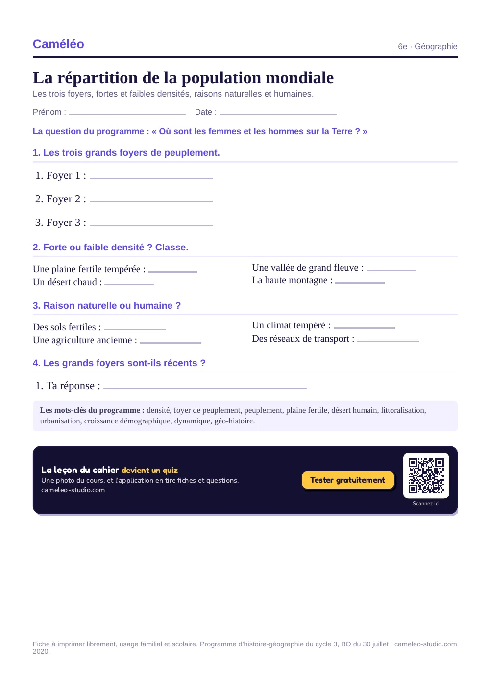 Exercices à imprimer : La répartition de la population mondiale, 6e