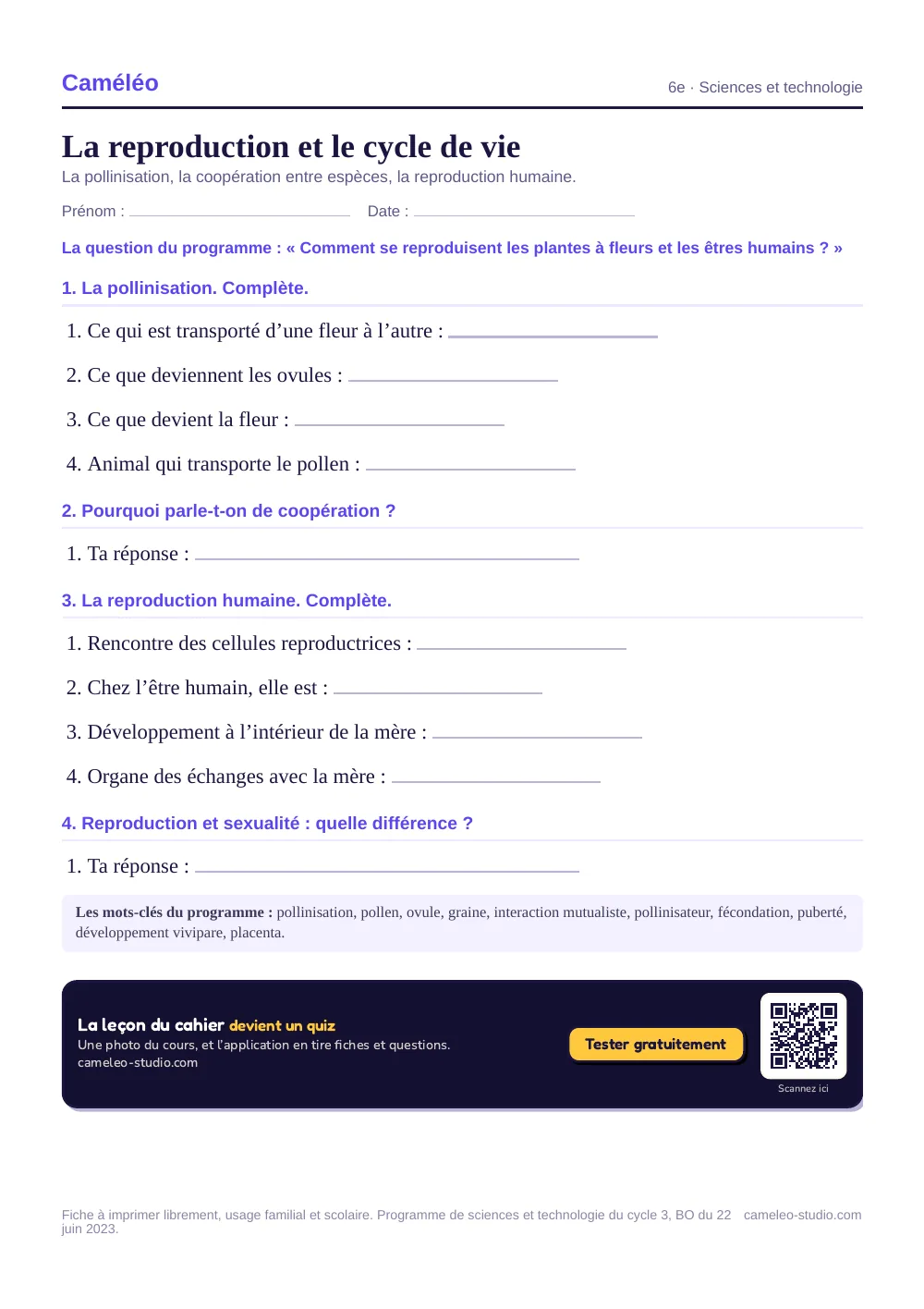 Exercices à imprimer : La reproduction et le cycle de vie, 6e
