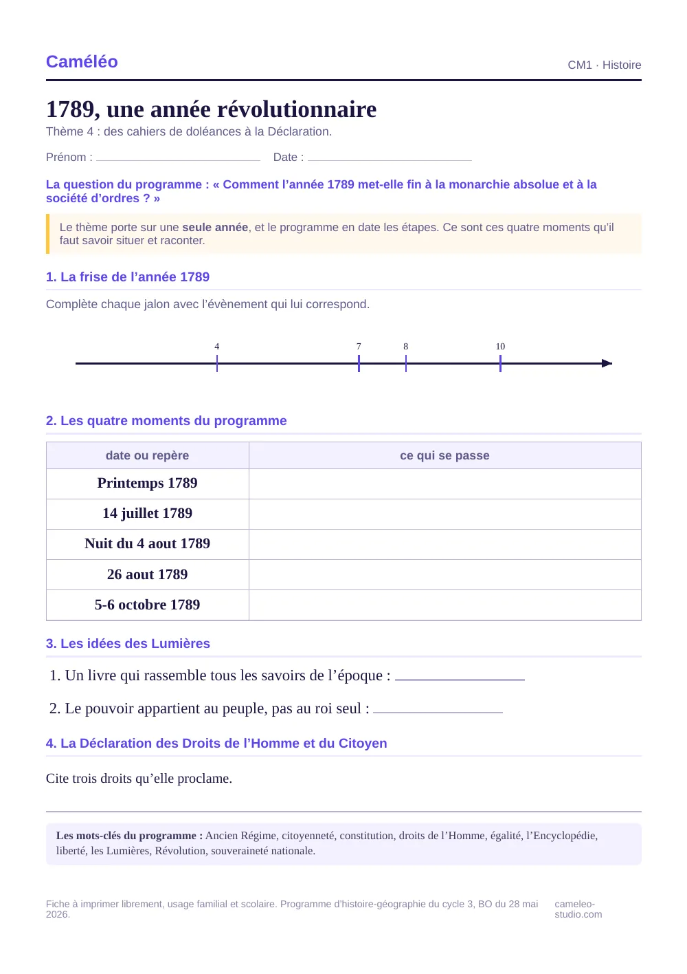 Exercices à imprimer : 1789, une année révolutionnaire, CM1