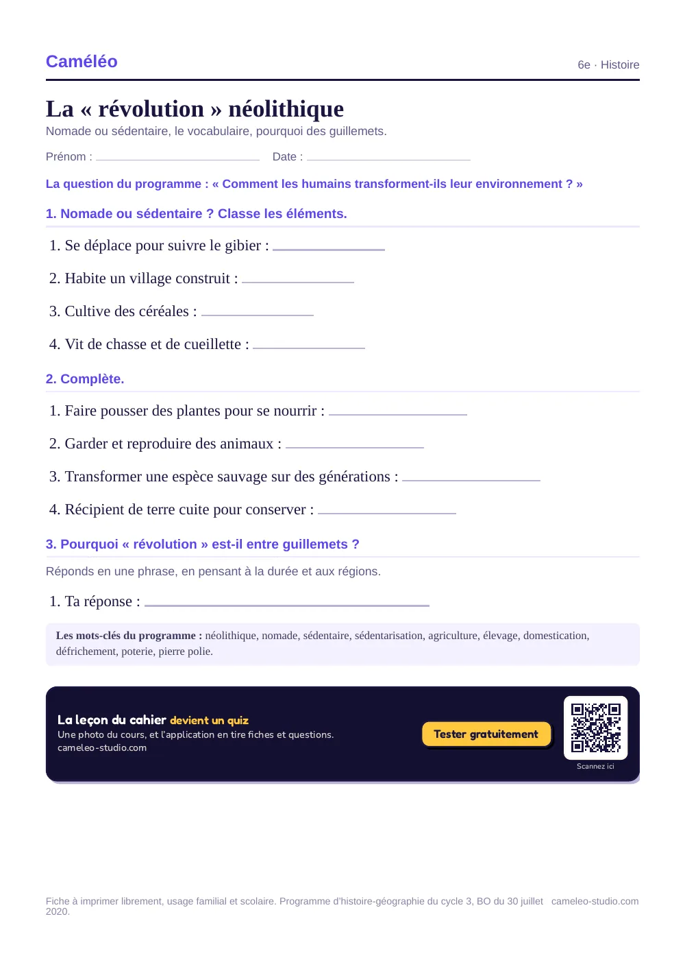Exercices à imprimer : La « révolution » néolithique, 6e