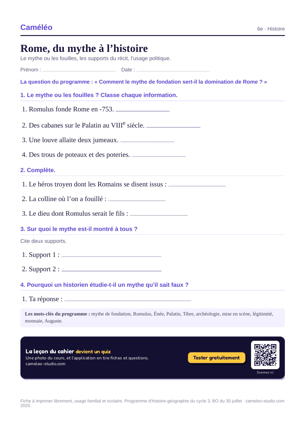 Exercices à imprimer : Rome, du mythe à l’histoire, 6e