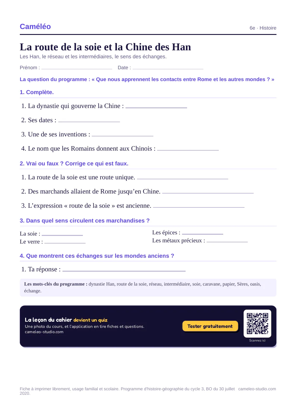 Exercices à imprimer : La route de la soie et la Chine des Han, 6e