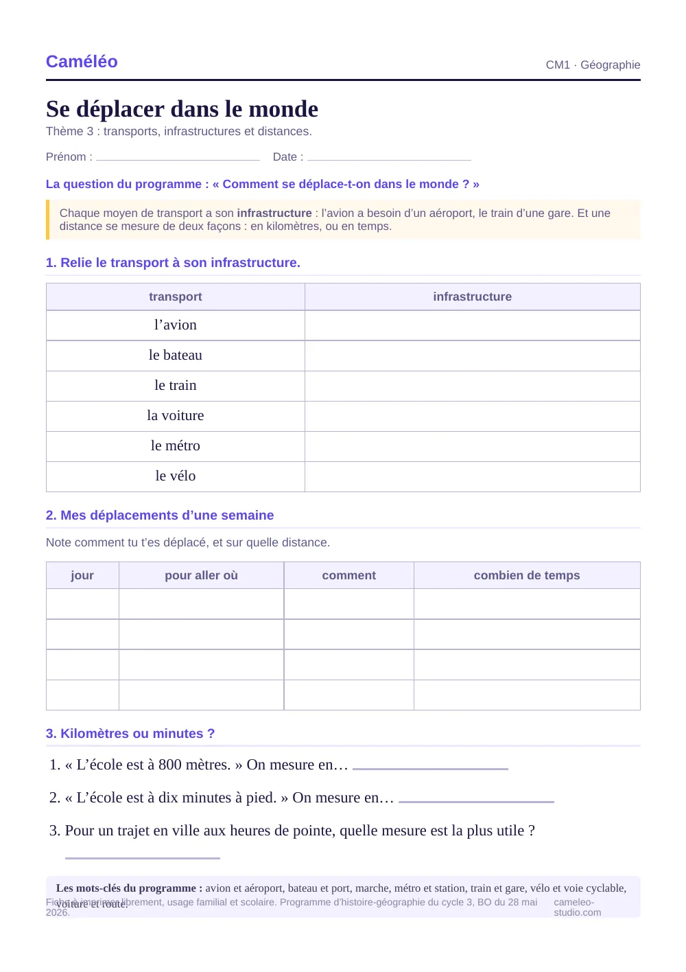 Exercices à imprimer : Se déplacer dans le monde, CM1