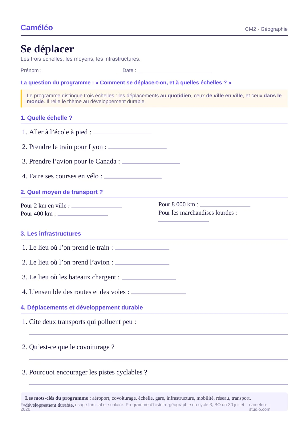 Exercices à imprimer : Se déplacer au CM2