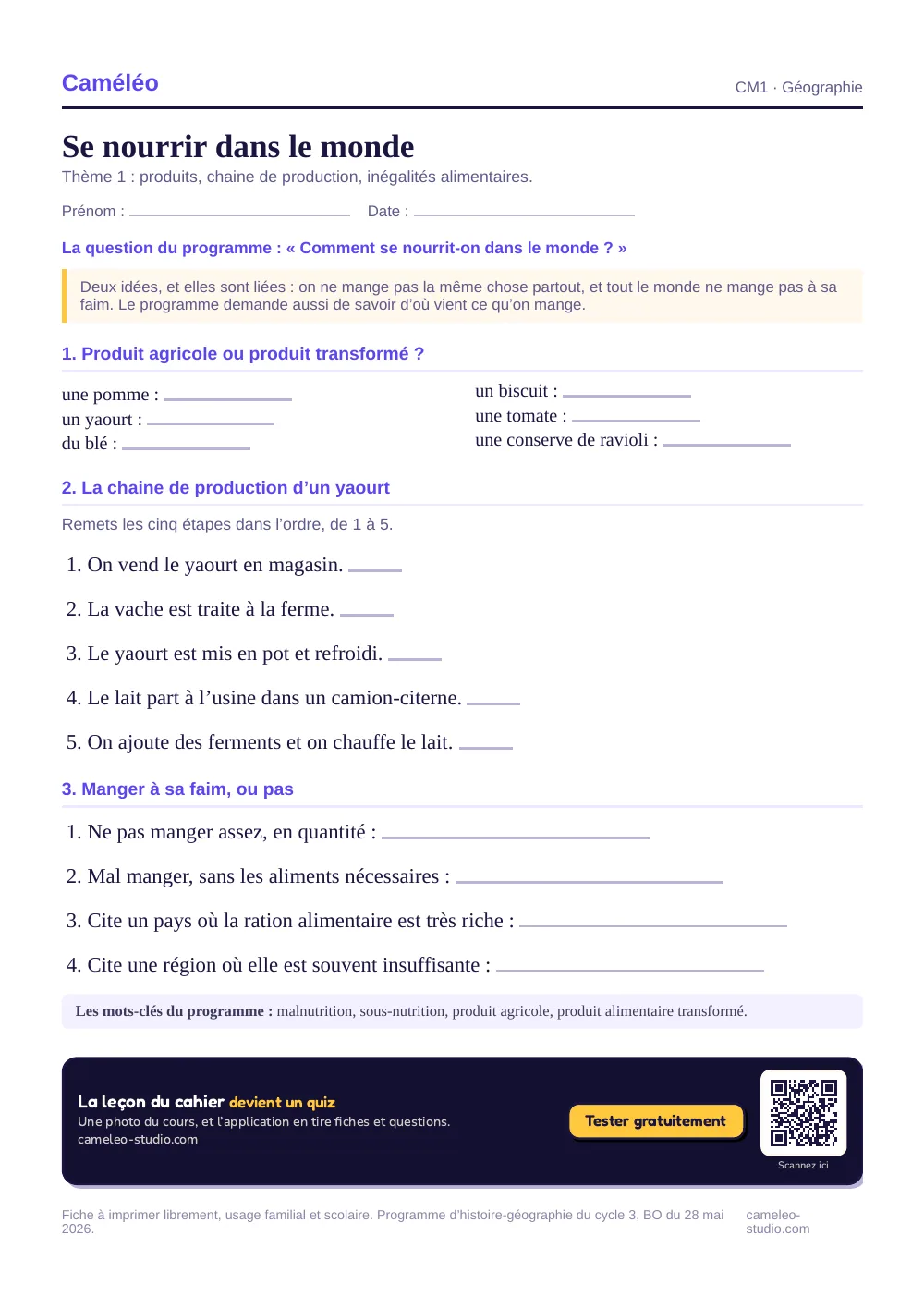Exercices à imprimer : Se nourrir dans le monde, CM1