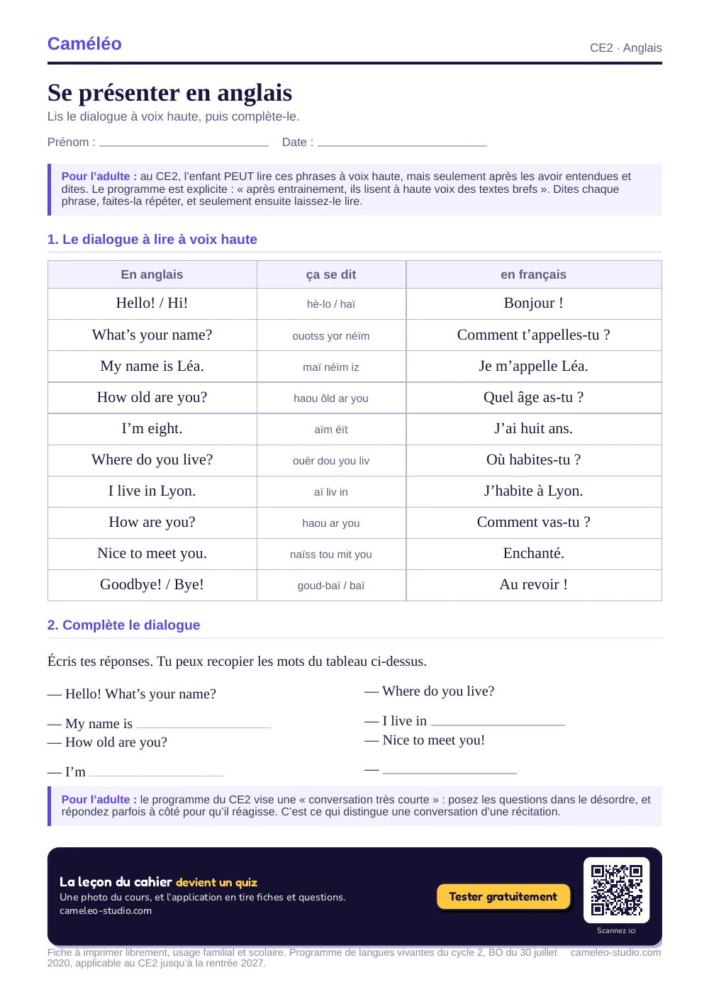 Exercices à imprimer : Se présenter en anglais au CE2