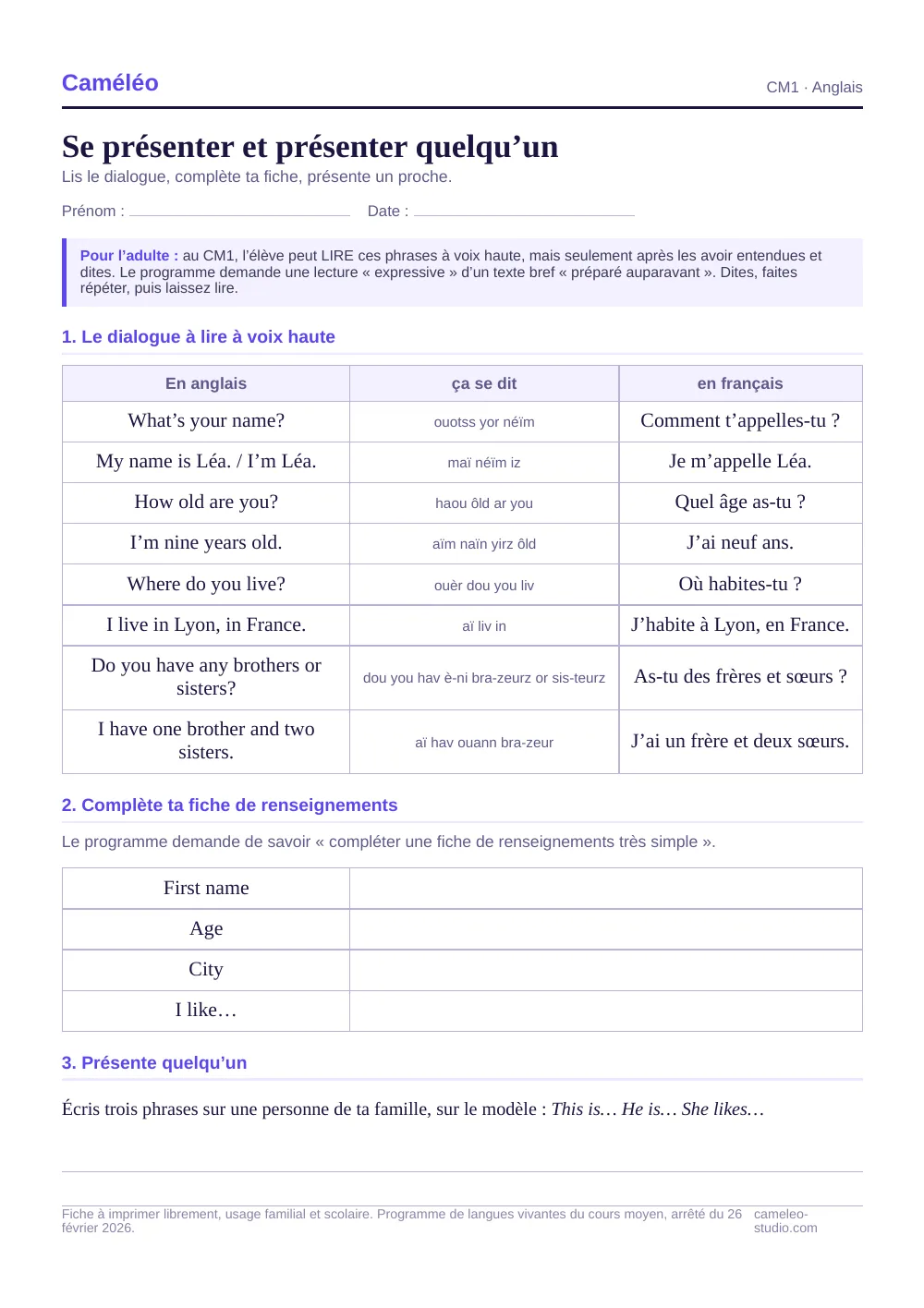 Exercices à imprimer : Se présenter et présenter quelqu’un, CM1