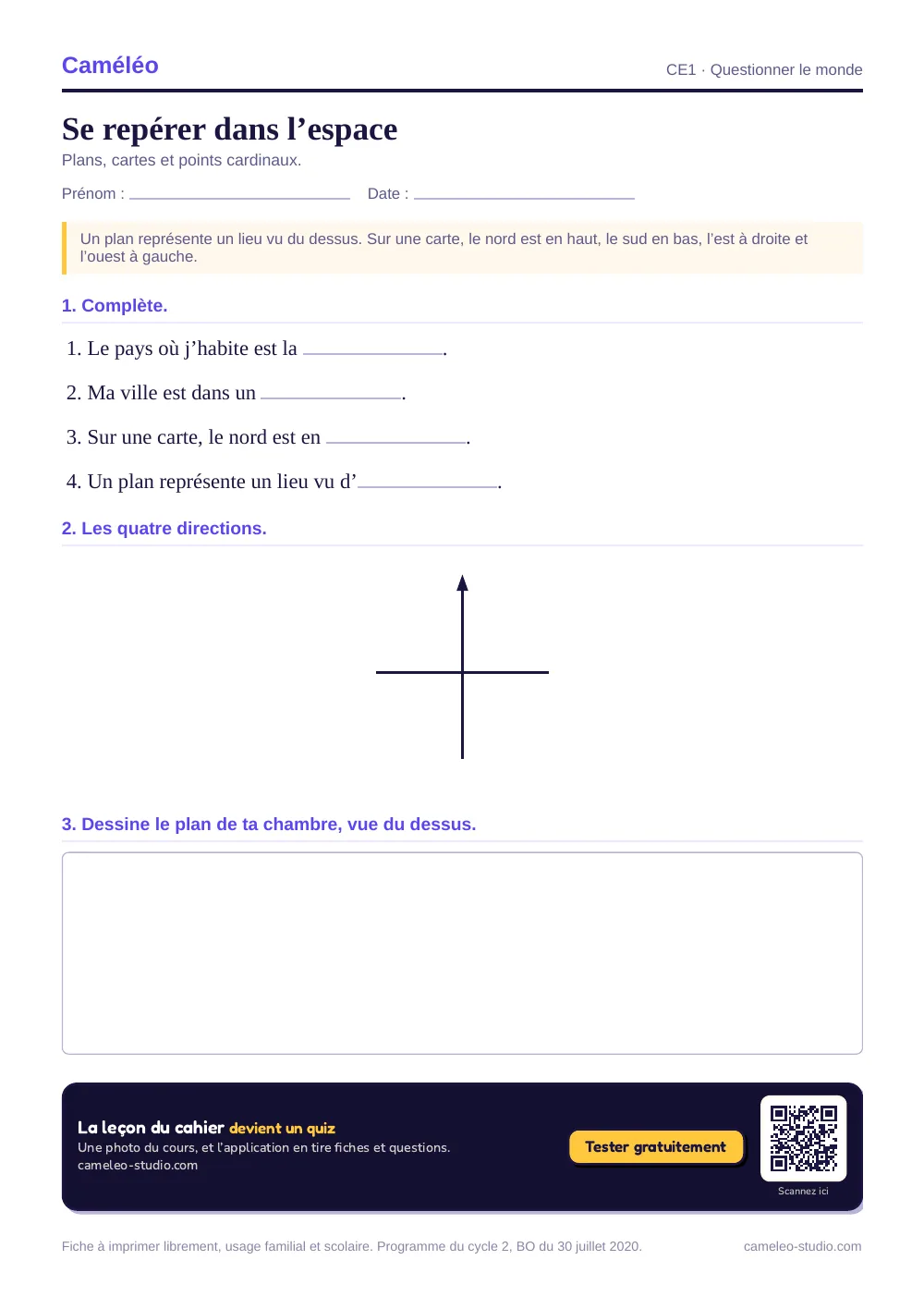 Exercices à imprimer : Se repérer dans l’espace au CE1