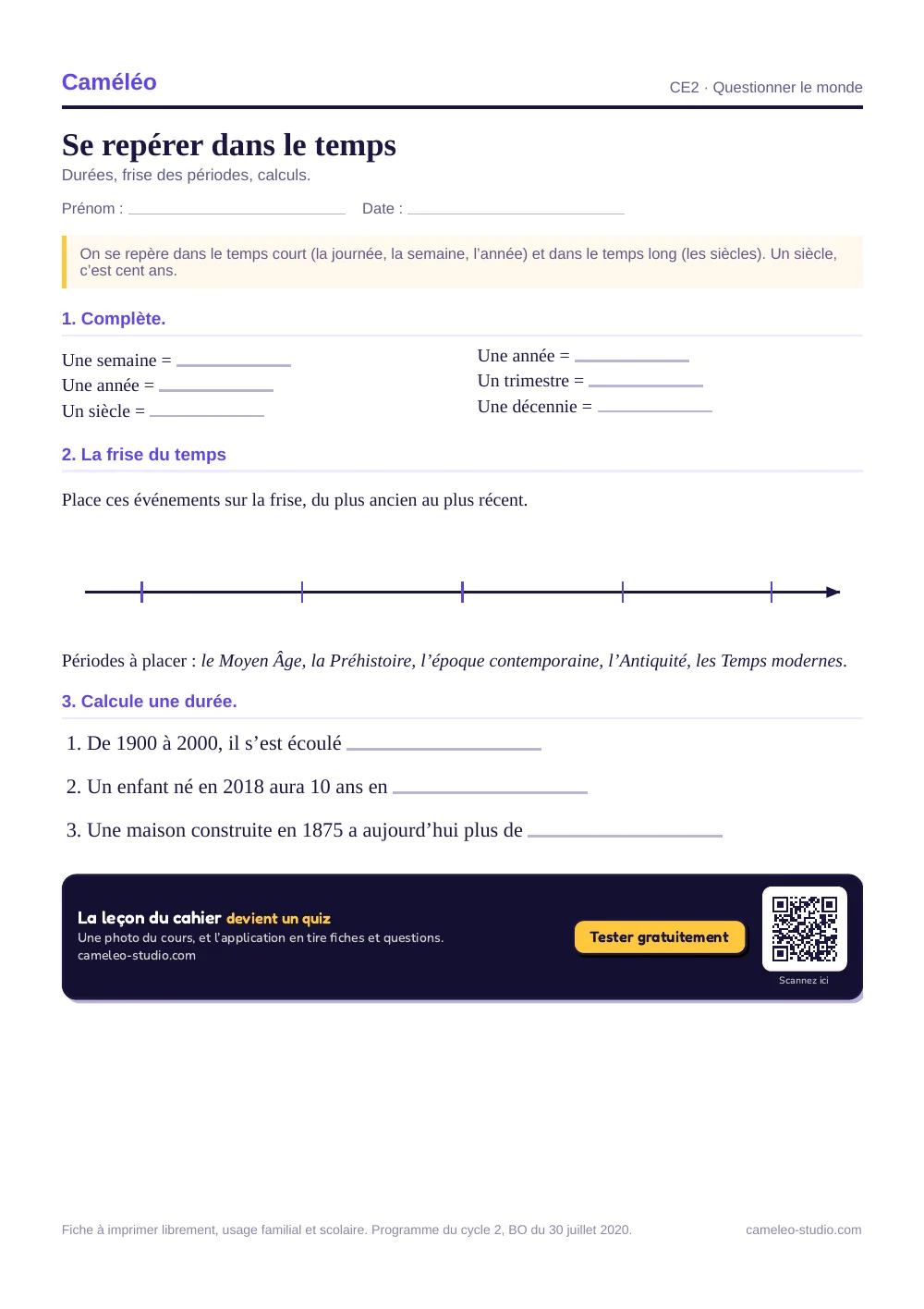 Exercices à imprimer : Se repérer dans le temps, CE2