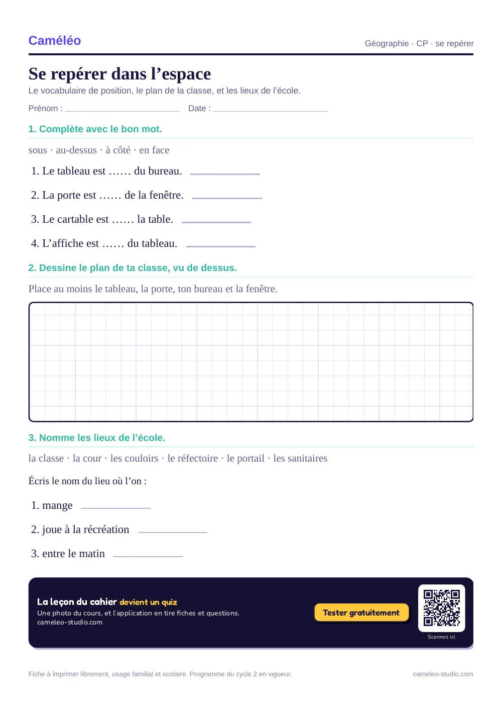 Exercices à imprimer : Se repérer dans l’espace, CP