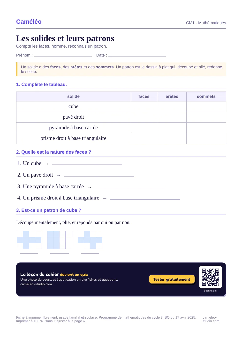 Exercices à imprimer : Les solides et leurs patrons, CM1