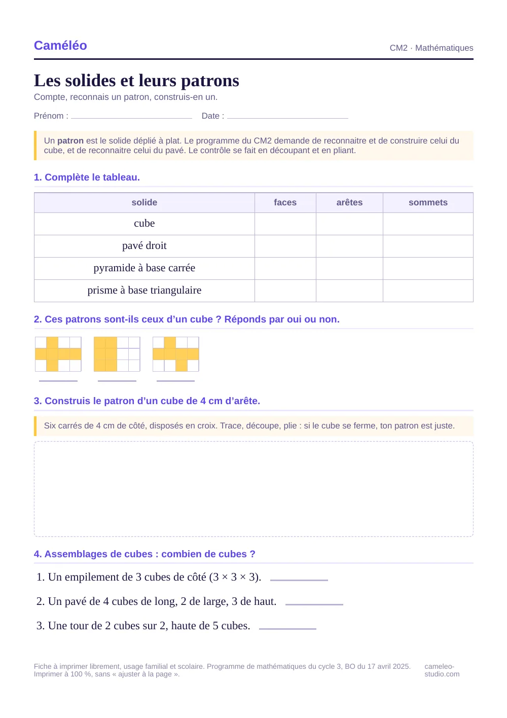Exercices à imprimer : Les solides et leurs patrons, CM2